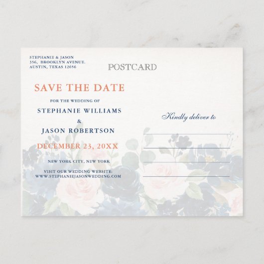 Carte Postale Faire-part Marine Blue Blush Rose Rustic Boho Enregistrer la (Dos)