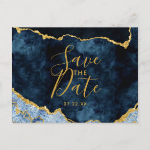 Carte Postale Faire-part Marine Blue Gold Foil Agate Marbre Enregistrer la