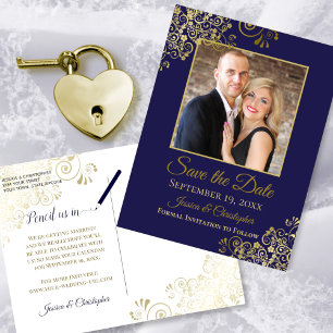 Carte Postale Faire-part Marine Blue Gold Frills Photo Enregistrer la date 