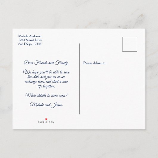 Carte Postale Faire-part Marine Blue Gold Palm Tree Mariage Enregistrer Dat (Dos)