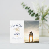 Carte Postale Faire-part Marine Blue Gold Palm Tree Mariage Enregistrer Dat (Debout devant)