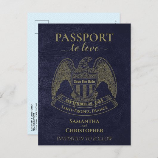 Carte Postale Faire-part Marine Blue Passport Mariage amusant Enregistrer l (Devant / Derrière)