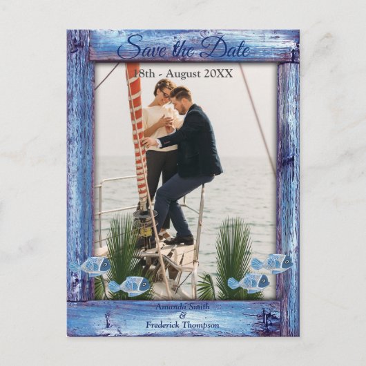 Carte Postale Faire-part Marine - Blue Textured Wood & fish Sauvez les date (Devant)