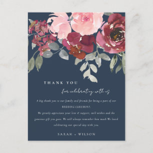 CARTE POSTALE FAIRE-PART MARINE BLUSH BURGUNDY ROSE FLORAL MARIAGE MERCI