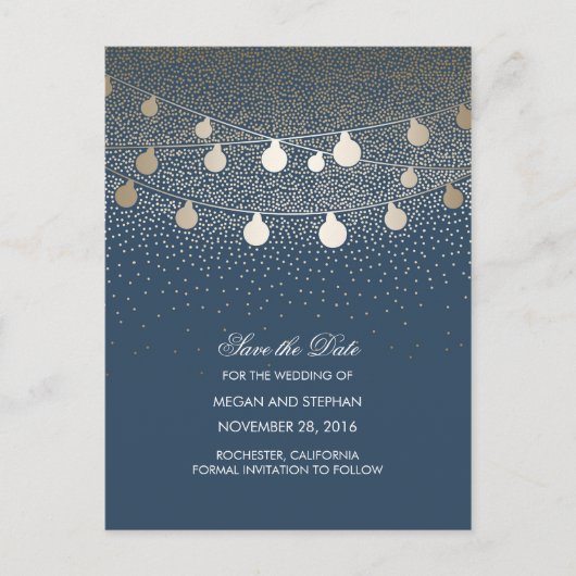Carte Postale Faire-part Marine et Gold String Lights enregistrer la date (Devant)