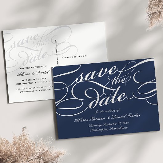 Carte Postale Faire-part Marine | Mariage de script classique Enregistrer l