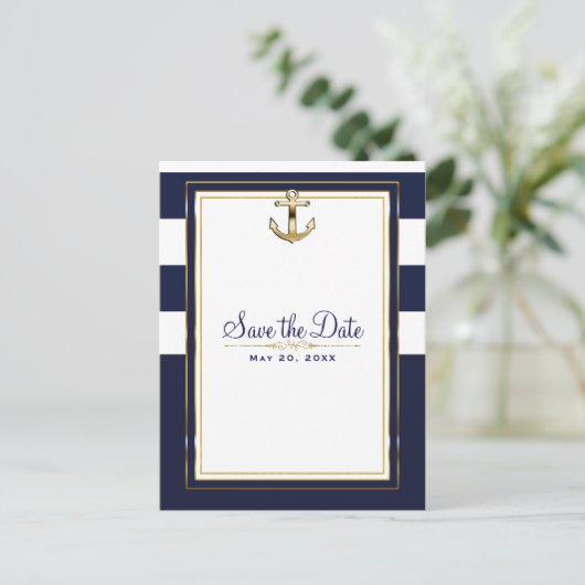 Carte Postale Faire-part Marine White & Gold Ancre Nautique Enregistrer la  (Debout devant)