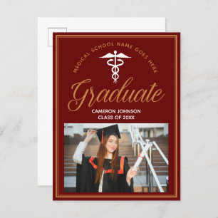 Carte Postale Faire-part Maroon Gold Médicale School Photo Graduation Party