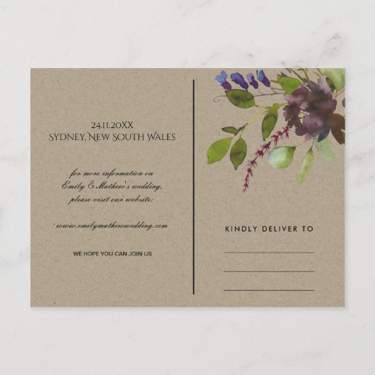 CARTE POSTALE FAIRE-PART MAROON KRAFT BLOOM FOLIAGE WREATE ENREGISTRER LA D (Dos)