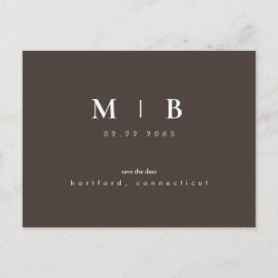 Carte Postale Faire-part Marron Chocolat Moderne Monogramme Date de Mariage