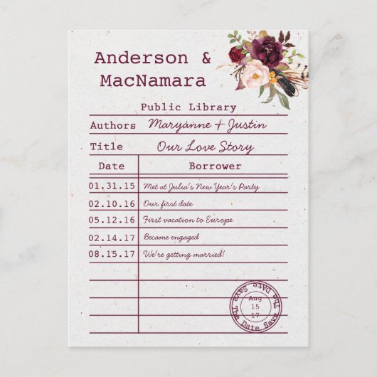 Carte Postale Faire-part Marsala Boho Library Card Enregistrer La Date (Devant)