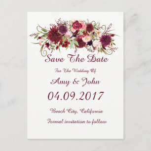 Carte Postale Faire-part Marsala Red Floral Wedding Enregistrer la date Car