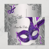 Carte Postale Faire-part Mascarade Violette Enregistrez La Date (Devant / Derrière)