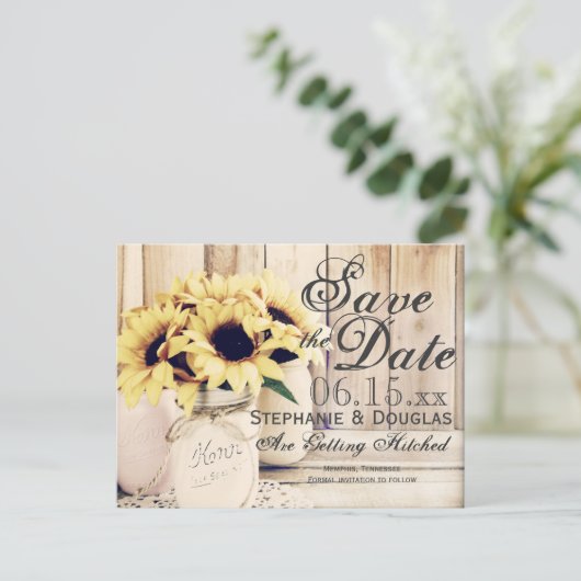 Carte Postale Faire-part Mason de tournesol rustique Jar Enregistrer la dat (Debout devant)