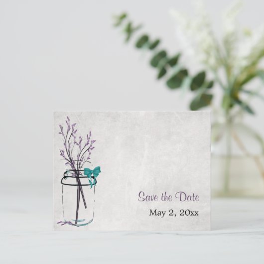 Carte Postale Faire-part Mason Jar avec branches violettes - Enregistrer la (Debout devant)