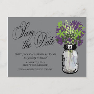 Carte Postale Faire-part Mason Jar et Fleurs sauvages sauvent la date