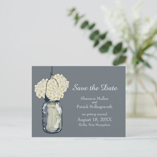 Carte Postale Faire-part Mason Jar et Hydrangeas Enregistrer la date (Debout devant)