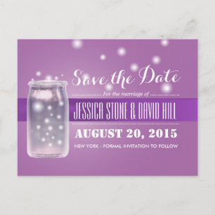 Carte Postale Faire-part Mason Jar & Fireflies Enregistrer la date violet