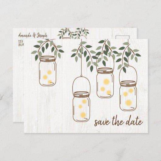 Carte Postale Faire-part Mason Jar & Fireflies Mariage rustique (Devant / Derrière)