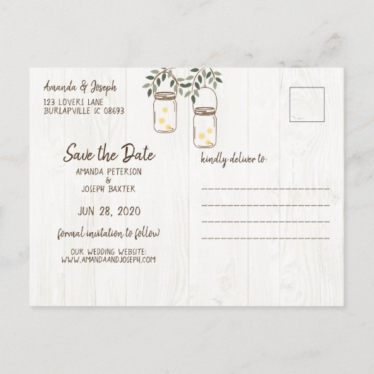 Carte Postale Faire-part Mason Jar & Fireflies Mariage rustique (Dos)