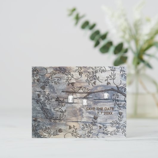 Carte Postale Faire-part Mason Jar & Inséparables Rustic Branch Enregistrer (Debout devant)