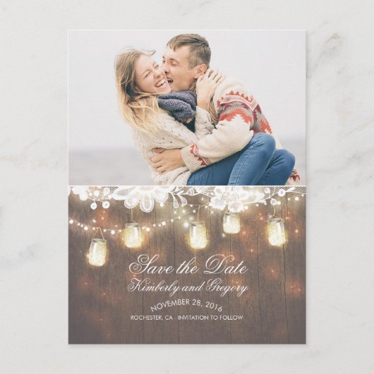 Carte Postale Faire-part Mason Jar Lights Lace Rustique Photo Enregistrer l (Devant)