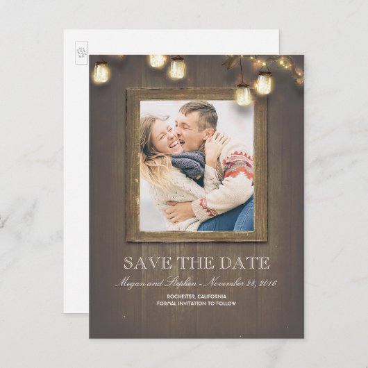 Carte Postale Faire-part Mason Jar Lights Rustic Wood Photo Enregistrer La (Devant / Derrière)