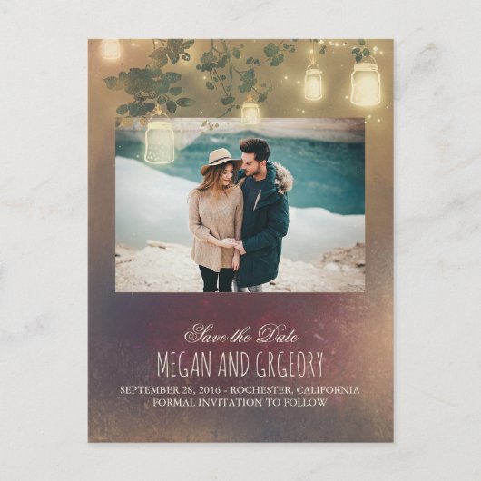 Carte Postale Faire-part Mason Jar Lights Tree Rustic Photo Enregistrer la  (Devant)