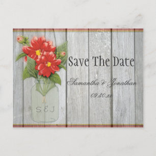 Carte Postale Faire-part Mason Jar Rouge Dahlias Grange Bois Enregistrer La
