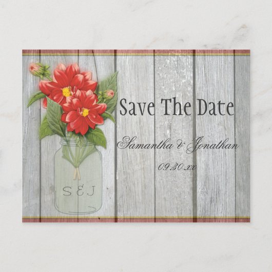 Carte Postale Faire-part Mason Jar Rouge Dahlias Grange Bois Enregistrer La (Devant)