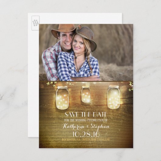 Carte Postale Faire-part Mason Jar String Lights Rustic Photo Enregistrer l (Devant / Derrière)