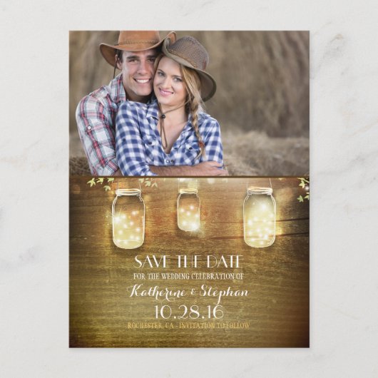 Carte Postale Faire-part Mason Jar String Lights Rustic Photo Enregistrer l (Devant)