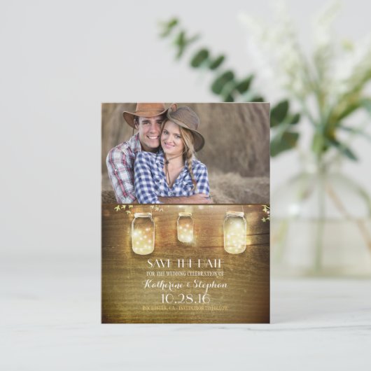 Carte Postale Faire-part Mason Jar String Lights Rustic Photo Enregistrer l (Debout devant)