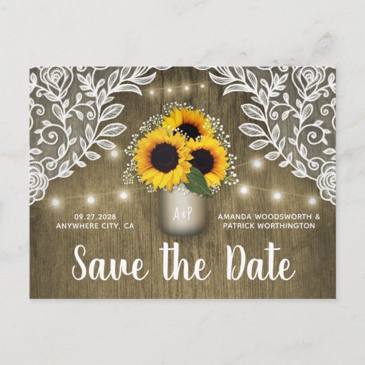 Carte Postale Faire-part Mason Jar Tournesol rustique Enregistrer la date C (Devant)