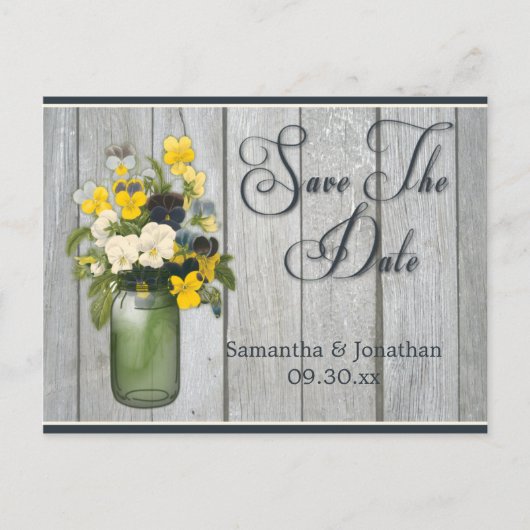 Carte Postale Faire-part Mason Jar Violas Pansies Grange Bois Enregistrer L (Devant)
