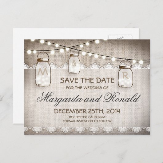 Carte Postale Faire-part Mason Jars et burlap Lace Enregistrer la date (Devant / Derrière)
