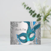 Carte Postale Faire-part Masque de mariage bleu sarcelle Enregistrez la dat (Debout devant)
