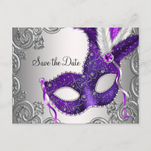 Carte Postale Faire-part Masquerade violette Enregistrer la date