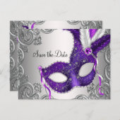 Carte Postale Faire-part Masquerade violette Enregistrer la date (Devant / Derrière)