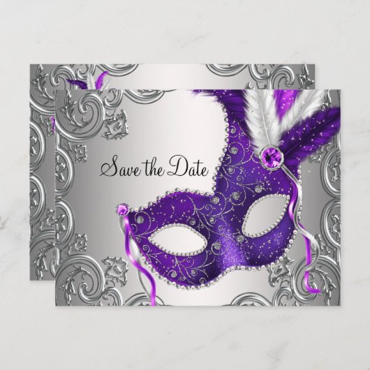 Carte Postale Faire-part Masquerade violette Enregistrer la date (Devant / Derrière)