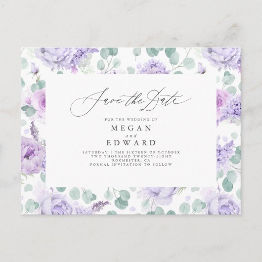 Carte Postale Faire-part Mauve Dusty Purple Floral Enregistrer La Date (Devant)