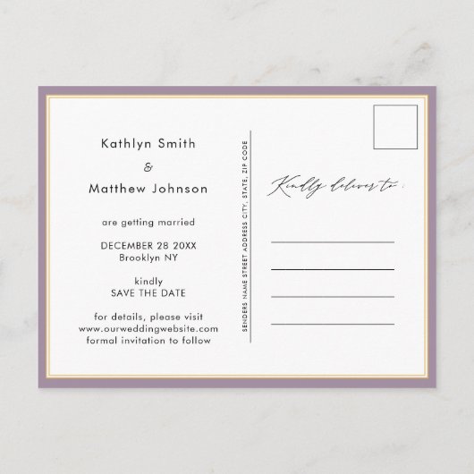 Carte Postale Faire-part Mauve Purple Élégant Script Mariage Enregistrer La (Dos)