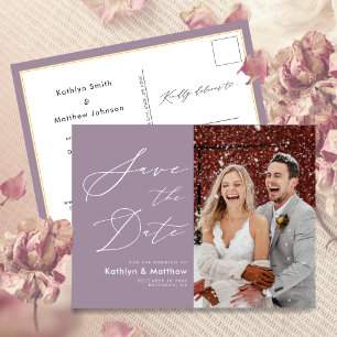 Carte Postale Faire-part Mauve Purple Élégant Script Mariage Enregistrer La