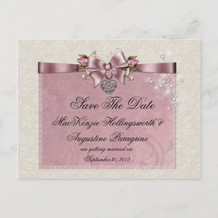 Carte Postale Faire-part Médaillon Rubans Roses Roses Enregistrer La Date