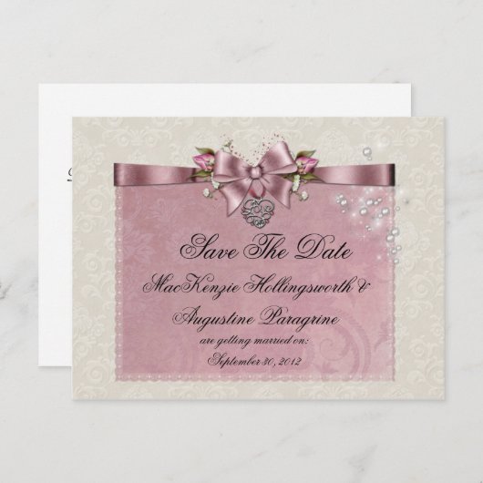 Carte Postale Faire-part Médaillon Rubans Roses Roses Enregistrer La Date (Devant / Derrière)