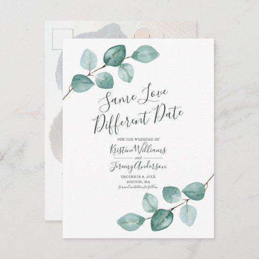 Carte Postale Faire-part Même amour, date différente Eucalyptus Photo noir (Devant / Derrière)