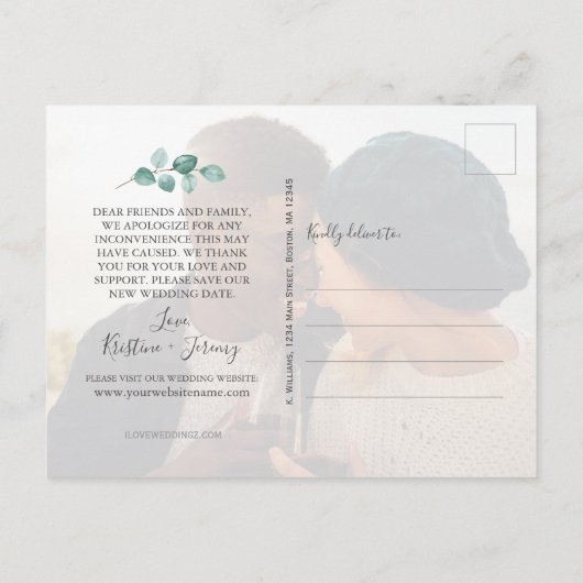 Carte Postale Faire-part Même amour, date différente Eucalyptus Photo noir (Dos)