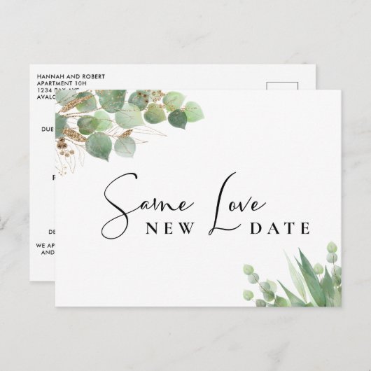 Carte Postale Faire-part Même Amour Nouveau Date Eucalyptus Mariage d'aquar (Devant / Derrière)