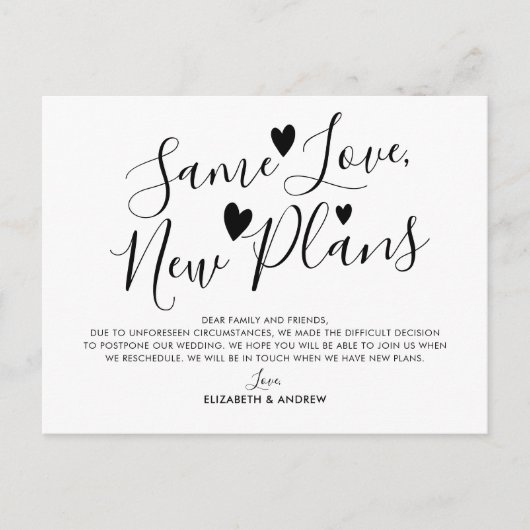 Carte Postale Faire-part Même Amour Nouveaux Plans Coeurs Mariage Postponem (Devant)