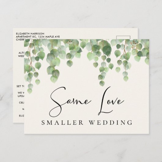 Carte Postale Faire-part Même Amour Plus Petit Mariage Eucalyptus Vert (Devant / Derrière)